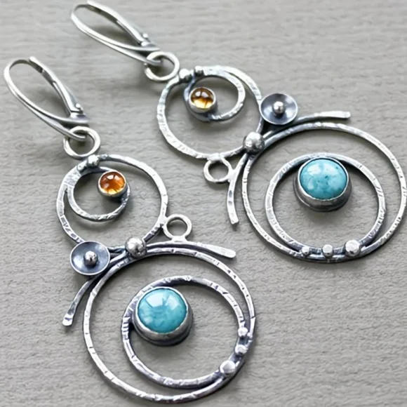 Silver Faux Turquoise & Citrine Circle Drop Earrings #412 - Picture 2 of 4